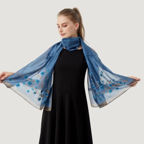 WINCESS YU Women Mulberry Silk Scarf Long & Large Embroidered Floral Pattern Shawl and Wraps Neckerchief for Hair & Neck - color: Blue