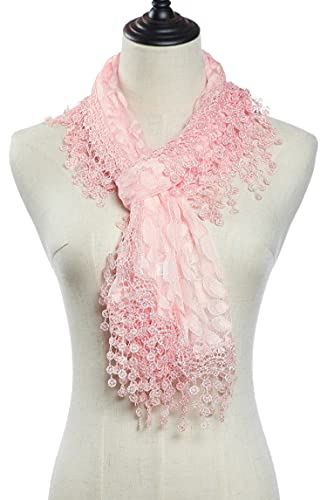 Cindy & Wendy Lightweight Soft Leaf Lace Fringe Scarf Bridal Shawl for Women - color: Peach Pink