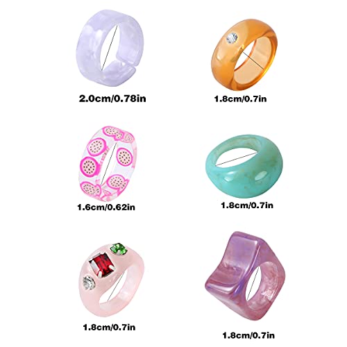 20 Pcs Acrylic Cute Trendy Colorful Rhinestone Stackable Chunky Rings for Women