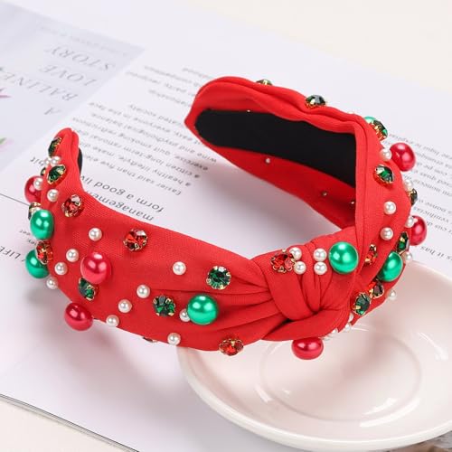 WantGor Pearl Knotted Headband, Women Rhinestone Embellished Hairband Elegant Wide Top Knot Bride Headbands Headpieces Party Fashion Elegant Ladies Hair Band Hair Hoop Accessories (Christmas Red) - color: Christmas Red