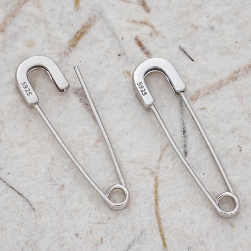 CHIC & ARTSY 925 Sterling Silver Safety Pin Earrings - Lightweight Comfortable Punk Paperclip Cartilage Hoop Earrings, Trendy Industrial Style Jewellery for Women and Men - color: White
