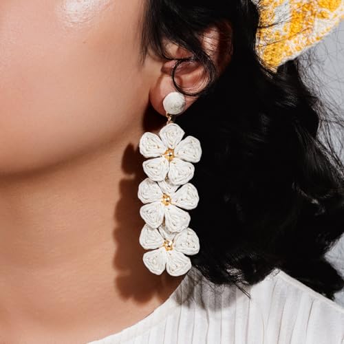 Boho Flower Earrings Statement Raffia Dangle Earrings Cute Floral Jewelry Trendy Summer Beach Vacation Outfits for Women - color: Ivory-2