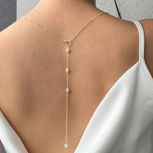 Pearls Back Chain Necklace for Backless Dress Bridal Wedding Backdrop Necklace for Women Gold Long Pearl Body Chain