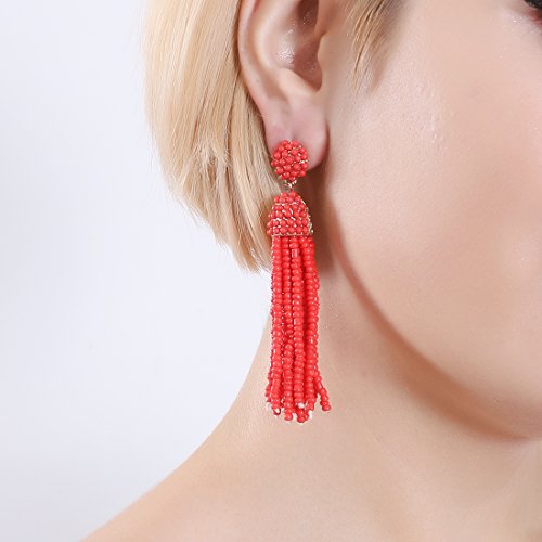 NLCAC Women's Beaded tassel earrings Long Fringe Drop Earrings Dangle 6 Colors - color: red