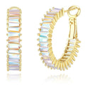 Trendy 14K Gold Plated Hoop Earrings for Women, Chunky Gold/Silver Earrings for Women Cubic Zirconia Baguette Hoop Earrings Heart Hoops Lightweight Hypoallergenic Jewelry,25mm/35mm/40mm/50mm - color: 01 Gold Iridescent Hoops 25mm