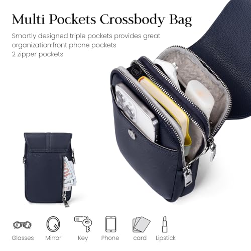 befen Genuine Leather Small Crossbody Bags for Women, Multi Pocket Cell Phone Crossbody Purse with RFID Blocking Card Slots - color: Navy Blue