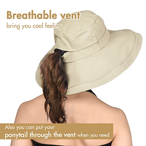 Sun Hats for Women Gardening Hat Wide Brim Ponytail Beach Sun Protection Breathable Cotton Summer Hat with Fold-Up Brim - color: 02light Khaki