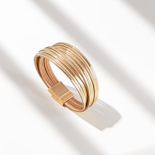 FANCY SHINY Boho Leather Bangle Bracelets Stackable Noodle Tube Bracelets Layered Wrap Cuff Bracelets with Magnetic Clasp - color: Gold
