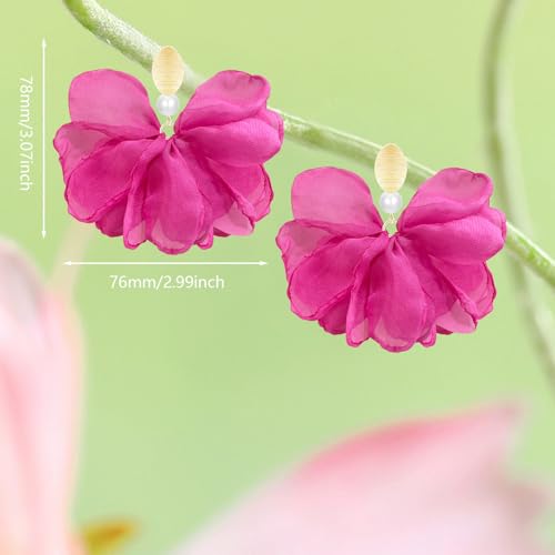 Handmade Fabric Flower Petal Fringe Dangle Drop Earrings Bohemian Floral Tassel Stud Earrings For Women - color: Rose Red