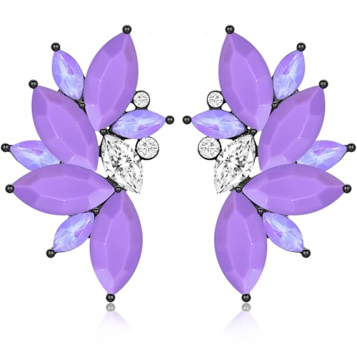 Bohemian Statement Sparkly Colourful Fancy Rhinestone Crystal Flower Dangle Drop Stud Earrings Vintage Wedding Bridal Prom Earrings for Women - color: Purple