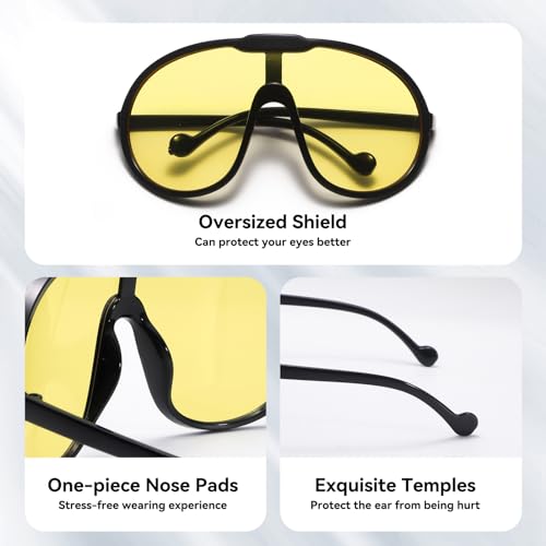 Dollger Oversized One Piece Sunglasses For Women Fashion Men Wrap Around UV400 Shield Goggles - color: Black Frame Yellow Lenses