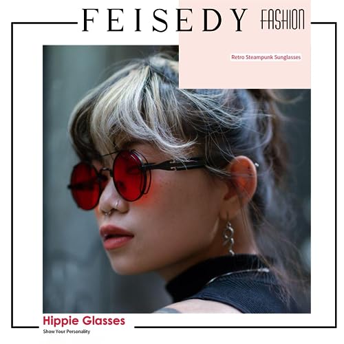 FEISEDY Aviator Sunglasses for Men Women, Retro Steampunk Gothic Round Metal Frame Hippie Glasses B2351 - color: Silver Frame With White and Silver Lenses