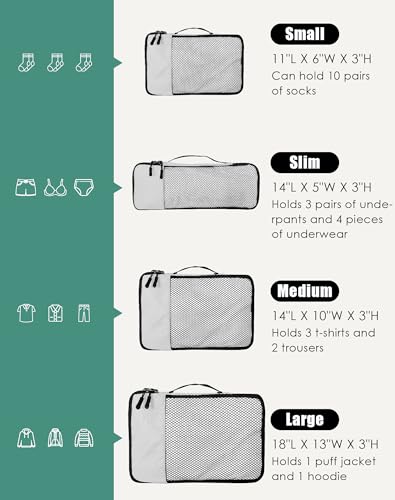WTREE 4-Piece Packing Cubes Travel Accessories Set for Suitcases - Luggage Organizer Bags with Double Zipper - Mesh Top - Small/Medium/Large/Slim - Beige - color: Beige, size: Slim, Small, Medium, Large