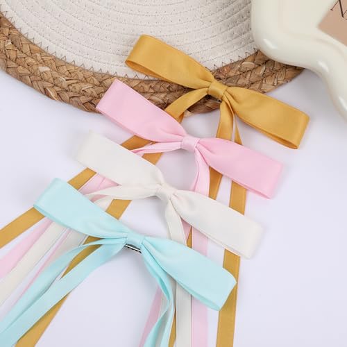 WORTL Hair Bows Clips Coquette Ribbon Bowknot with Long Tail Princess Hair Bows French Barrettes Hair Accessories for Women Girls 16PCS (Pink, Yellow, Cream, Aquamarine) - color: Pink, Yellow, Cream, Aquamarine
