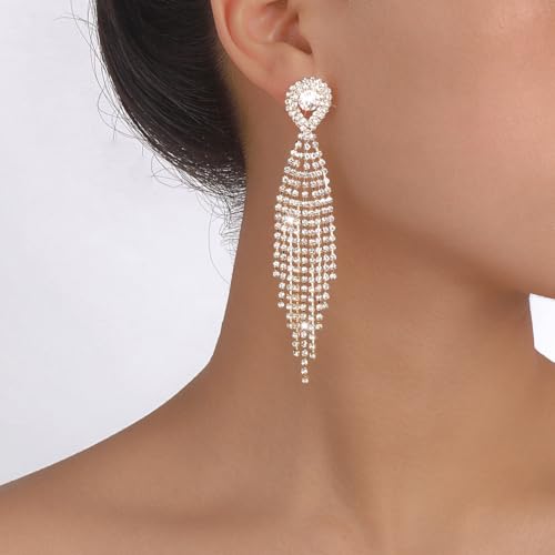 Rhinestone Tassel Earrings Sparkly Long Fringe Crystal Chandelier Dangle Drop Earrings Wedding Party Prom Earrings Premium Iridescent Earrings Wedding Party Jewelry Gifts for Women - color: Gold2
