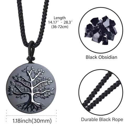 Obsidian Tree of Life Necklaces Orgonite Healing Crystal Stone Pendant Necklace for Spiritual Healing and Meditation Energy Talisman Sacred for Men Women - color: Black Obsidian