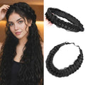2PCs Braided Headband with teeth Handmade Messy Wide Synthetic Hair Elastic Stretch Fluffy Hairpiece for Brides (Natural Black) - color: Natural Black