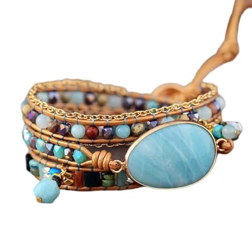 Women Wrap Bracelet Boho Natural Jasper Crystal Stone Beads Strand Bracelets - color: Amazonite