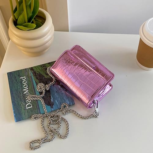 Small Crossbody Purse Bag for Women，Y2K Cute Metallic Croc-Embossed Handbag with Chain Strap - color: Mini Pink