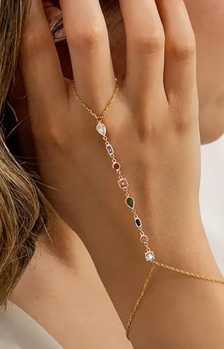 Rhinestone Gold Hand Chain Bracelet for Women – Dainty Brass Finger Ring Bracelet with Colorful Crystal Stones, Adjustable Hand Harness Bracelets Jewelry, Boho Fashion Accessories, Gift for Her