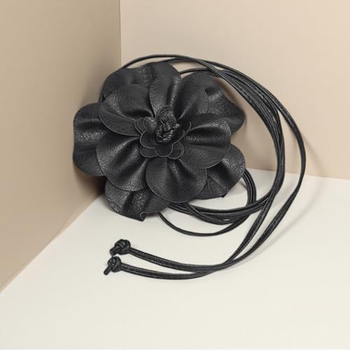 Boho Big Flower PU Leather Waist Belt Chain for Women Rose Floral Camellia Long Tassel Adjustable Waist Band Jewelry - color: Black