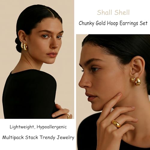 16 Pairs Starfish Chunky Gold Hoop Earrings Set for Women, Beach Shell Style Stack Statement Earrings, Hypoallergenic Lightweight Gold Plated Trendy Summer Jewelry Gift - color: gold-pearl