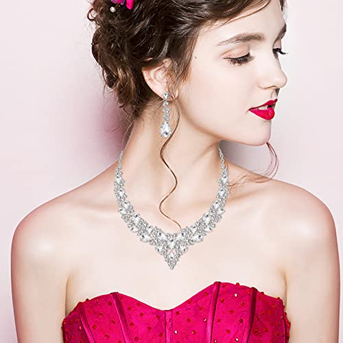 CSY 4 Pcs/Set Austrian Crystal Necklace Earrings Bracelet Ring Bridal Jewelry Sets for Brides Wedding Party Costume Accessories Gifts for Women - color: 02-white gold-white