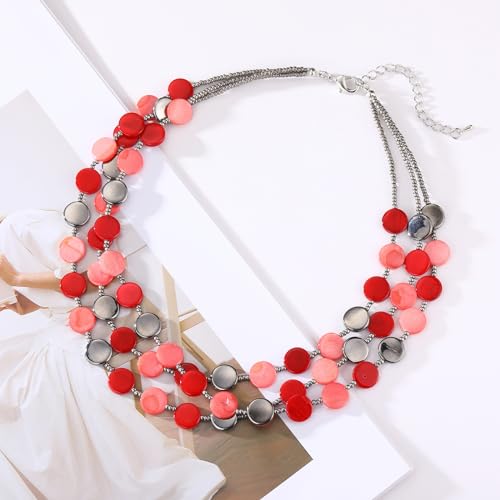 Noessla Layered Beaded Chunky Necklace for Women Boho Two-color Shell Statement Necklace Fashion Collar Costume Jewelry Gifts for Mum - color: Red