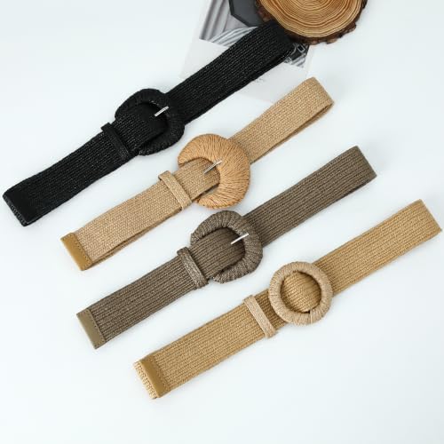 HOTWILL Women Straw Woven Belt Boho Elastic Stretch Braided Waist Belts for Summer Dresses - color: Camel_shaped Buckle
