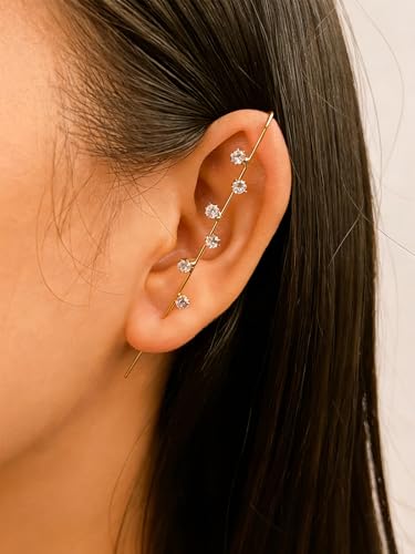 Ear Wrap Hook Earrings for Women Fashion Ear Cuff Crawler Earrings Silver Gold Long Piercing Crystal Curve Style Earring Stick Ear Wrap Earring Rhinestone Trendy Jewelry Gifts - color: six rhinestone-gold