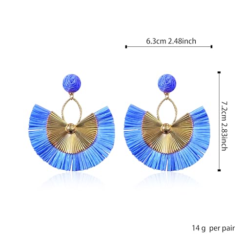 Anmpab Straw Fan Bohemian Tassel Earrings for Women Trendy Colorful Fringe Summer Beach Statement Earrings - color: Blue