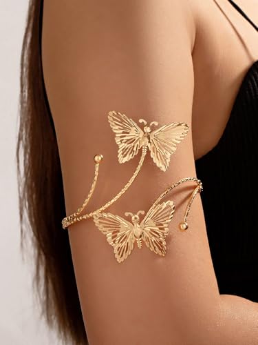 Gold Arm Cuff Bracelet Adjustable Upper Arm Cuff Bangle Butterfly Flower Bracelet Summer Beach Essentials Jewelry for Wome - style: turquoise+butterfly