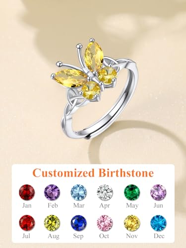 Custom4U Personalized 1-4 Birthstone Rings for Women Promise Rings for Her Sterling Silver Mothers Ring Customized Cubic Zirconia Stones Wedding/Valentine's Day/Mother's Day Jewelry Gift for Mom Wife - color: E11-Nov Butterfly-Silver