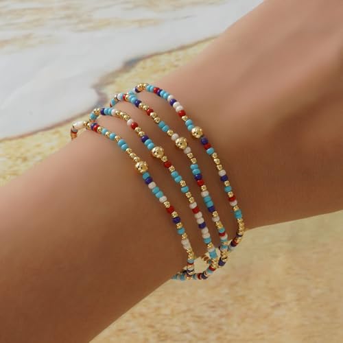Boho 4Pcs Stack Colorful Small Seed Beaded Bracelets Set for Women, Cute Handmade Dainty Trendy Gold Plated Stretch Accessories Thin Glass Jewelry, Summer Daily Party Friendship Gift - color: Aqua Blue