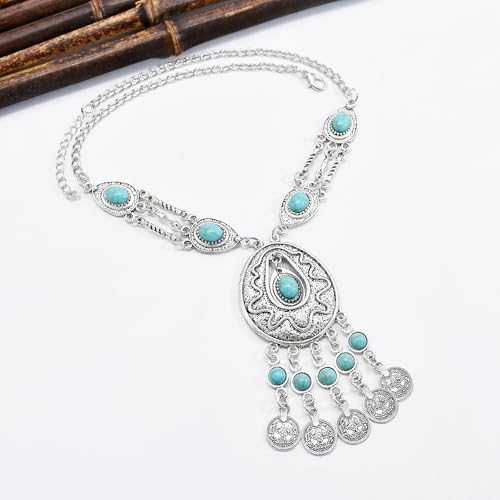 Bethynas Bohemian Ethnic Tribal Chunky Necklace Multilayer Long Tassel Turquoise Statement Neck Chain Retro Coin Gemstone Exaggerated Costume Accessories for Women - color: F-Blue
