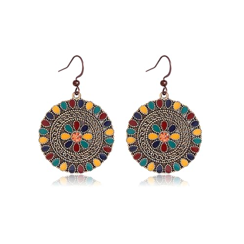 MALOYANVE Vintage Boho Circular Flower Dangle Earring, Handmade Bronze Tribal Round Enamel Floral Drop, Bohemian Ethnic Statement Jewelry Gift for Women - color: Muticolor Red