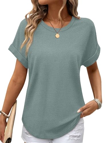 Sampeel Summer Tops for Women 2026 Trendy Rolled Short Sleeve Shirts Waffle Knit Crew Neck Tops Curved Hem Fashion Clothing - color: Agate Green, size: XX-Large