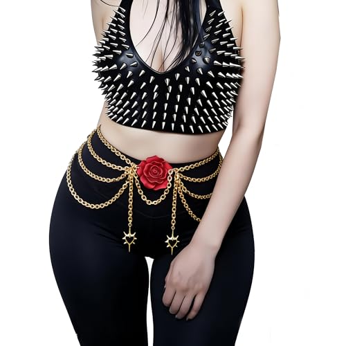 Gold Waist Chain Belt for Women, Gothic Red Crystal Belly Chain, Adjustable Layered Body Chain, Rave Accessories & Festival Outfit Essential for Party Club Streetwear - color: rose-goldchain