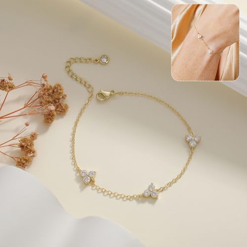 Dainty Silver Gold Bracelets for Women Trendy Non Tarnish 14K Gold Plated Cute Clover Bracelet Stackable Daisy Cubic Zirconia Diamond Charm Bracelet Stack Waterproof Jewelry Gifts - color: E- 3CZ Bracelet- Gold