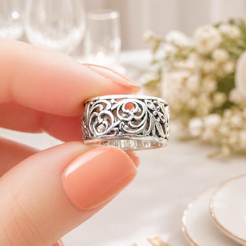 Norwegian Rosemaling Ring - Sterling Silver Floral Filigree Band - Wide Vintage Style Wedding Band Plus Size - Norse Nordic Jewelry for Women - Handmade