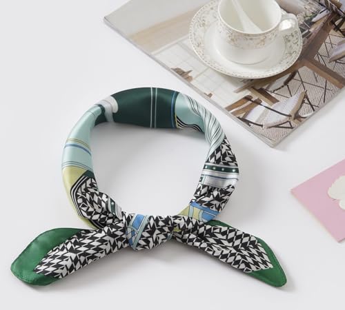 CHUNG Women's Scarf Hair Bandanas Square 27.5" Satin Wrap Fashion Pattern Scarves Emulation Silk Handbag Ribbons Necktie - color: Green Stripe-71#