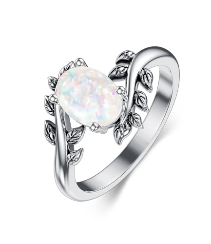 Genuine Turquoise Ring for Women Western Oval Gemstone Jewelry 925 Sterling Silver Leaf Bohemian Boho for Her Wife Mom - color: Opal-White