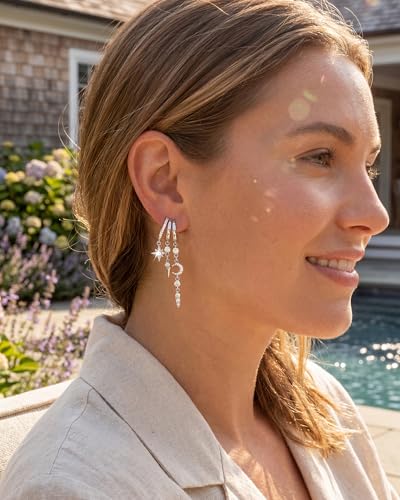 MUMREUES Gold Earrings for Women Trendy 14K Gold Plated Dangle Earrings Small Hoop Huggie Drop Stud Earrings Cubic Zirconia Simple Minimalist Dainty Chain Tassel Hypoallergenic Earrings - color: Celestial & Silver