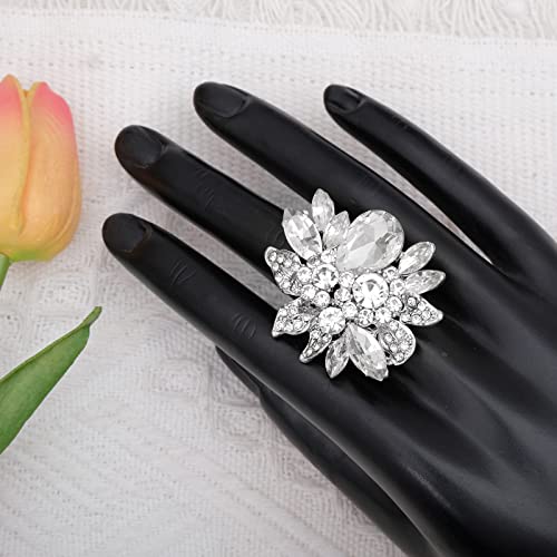 CSY Luxury Women's Austrian Crystal Leaves Flower Big Cocktail Statement Rings Stretch Adjustable Ring Jewelry Accessories - color: White Crystal