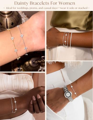 Dainty Silver Gold Bracelets for Women Trendy Non Tarnish 14K Gold Plated Cute Clover Bracelet Stackable Daisy Cubic Zirconia Diamond Charm Bracelet Stack Waterproof Jewelry Gifts - color: A- Clover Bracelet- Silver