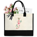 Initial Canvas Tote Bag for Women, Beach Bag with Inner Zipper Pocket Personalized Gifts for Wedding, Birthday | Initial - color: J