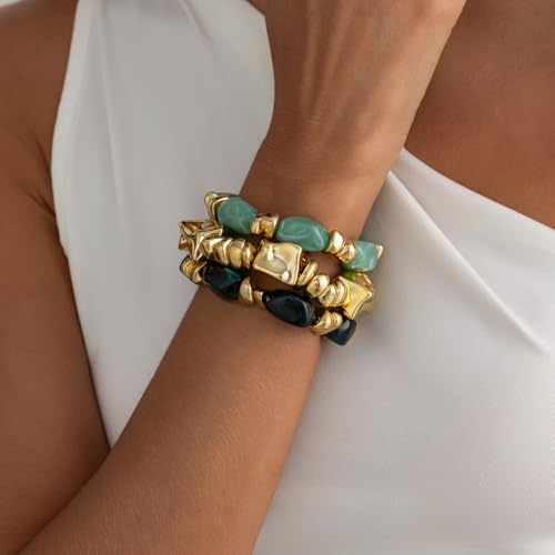 Gold Bracelet Stack For Women, 3Pcs Jade Vintage Chunky Stackable Stretch Boho Western Adjustable Bracelet Stacks Statement Dainty Tarnish Free Waterproof Jewelry Gift - color: Green