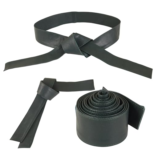 Woman's Obi Sash Tie Plus Size Waist Band Wide Solid Color Genuine Leather Belt - color: Green
