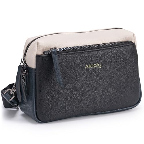 Alldaily Small Triple Zip Crossbody Purse for Women, Vegan Leather Phone Bag with Wide Shoulder Strap - color: Black & Blue & White