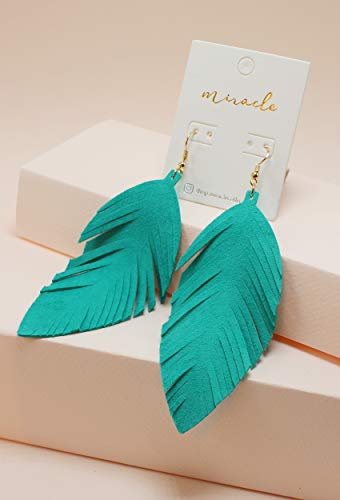 Large Genuine Soft Leather Handmade Fringe Feather Lightweight Tear Drop Dangle Color Earrings for Women Girls Fashion - color: Turquoise